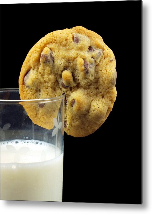 Milk Metal Print featuring the photograph Chocolate Chip Cookie And Milk by Photo By Cathy Scola