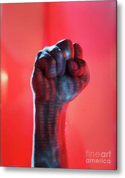 Digital Display Metal Print featuring the photograph Clenched Fist Lit By Binary Code by Stanislaw Pytel