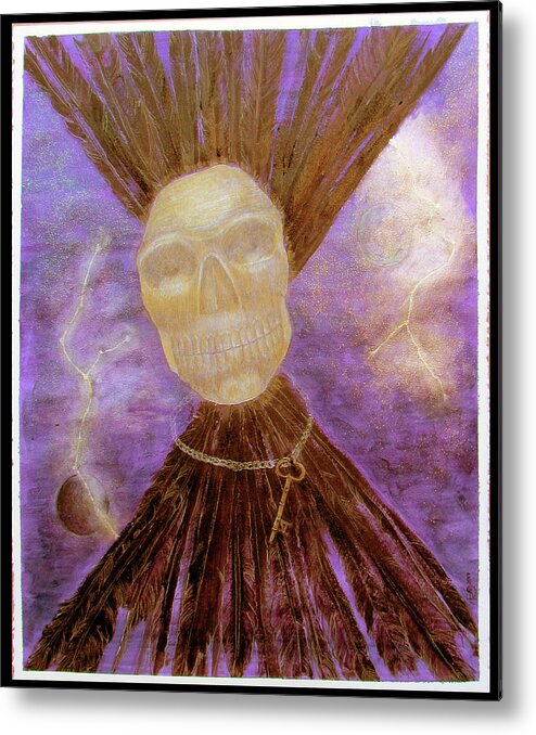 Obsidian Skull Metal Print featuring the painting Compelling Communications with a Large Golden Obsidian Skull by Feather Redfox