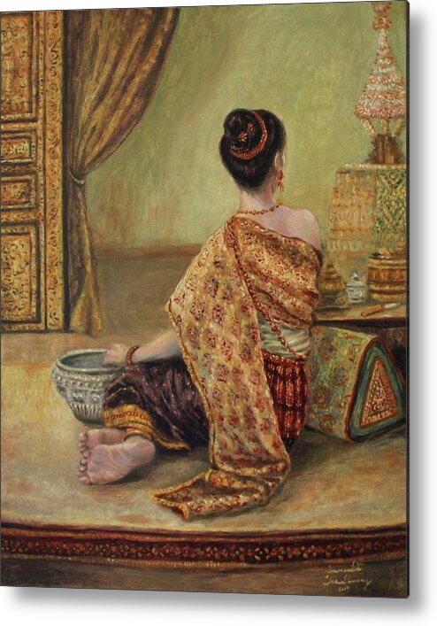 Royal Lady Metal Print featuring the painting Contemplating in the Palace Chamber by Sompaseuth Chounlamany