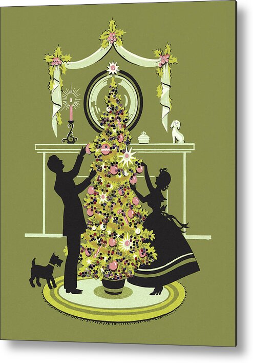 Adult Metal Print featuring the drawing Couple Trimming a Christmas Tree by CSA Images