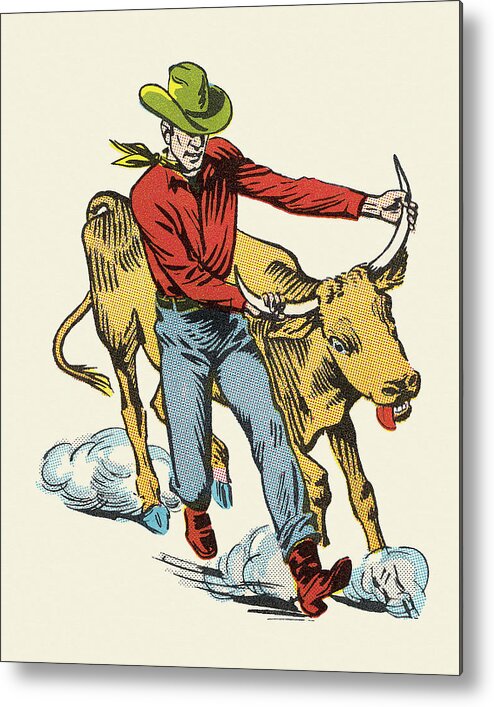 Accessories Metal Poster featuring the drawing Cowboy Wrestling a Steer by CSA Images