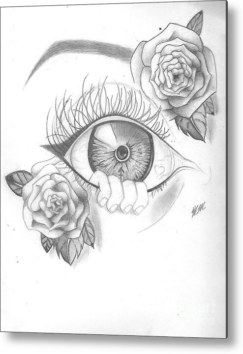 Eye Metal Print featuring the drawing Creepy Eye and Rose by Marissa McAlister