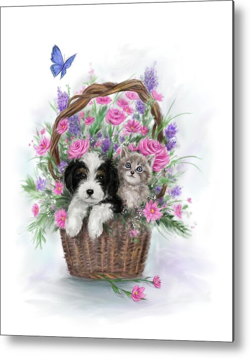 Dog And Cat In Flower Basket Metal Print featuring the mixed media Dog And Cat In Flower Basket by Makiko