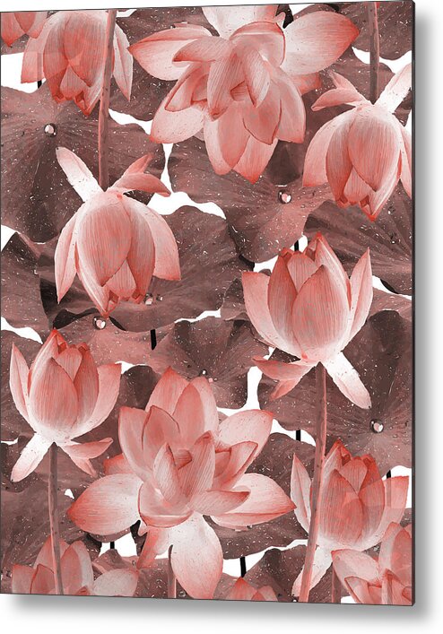 Lotus Metal Print featuring the mixed media Ethereal Red Lotus Flower - Tropical, Botanical Art - Red Water Lily - Lotus Pattern - Red, Brown by Studio Grafiikka