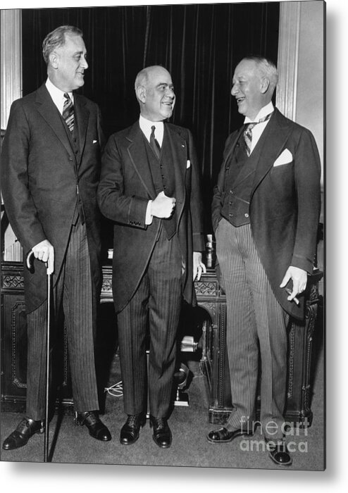 Mature Adult Metal Print featuring the photograph Fdr With Herbert Lehman And Al Smith by Bettmann