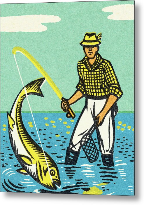 Activity Metal Print featuring the drawing Fisherman Catching a Fish by CSA Images