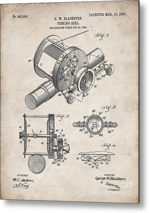 Fishing Reel Patent, Fishing Rod Art - Antique Vintage Metal Print