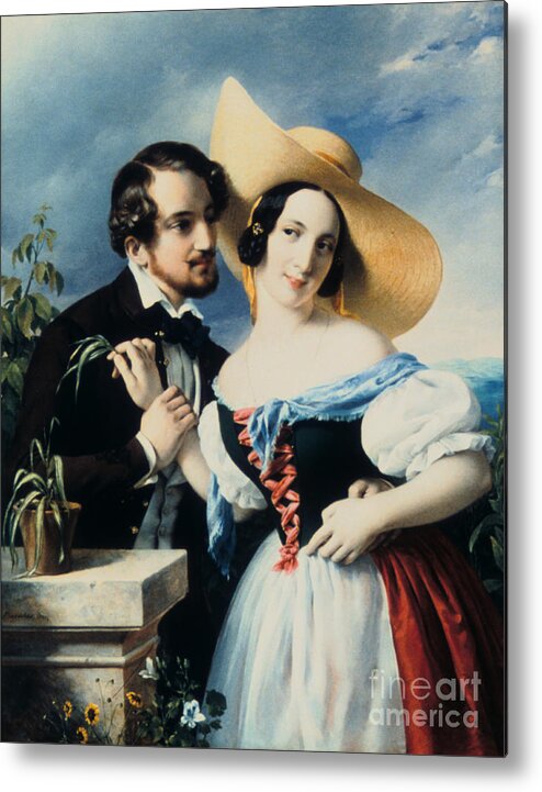 Headwear Metal Print featuring the drawing Flirt, 1841. Artist Miklos Barabas by Print Collector