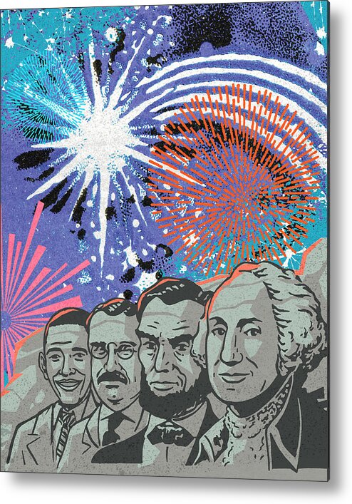 4th Of July Metal Poster featuring the drawing Four Presidents and Fireworks by CSA Images