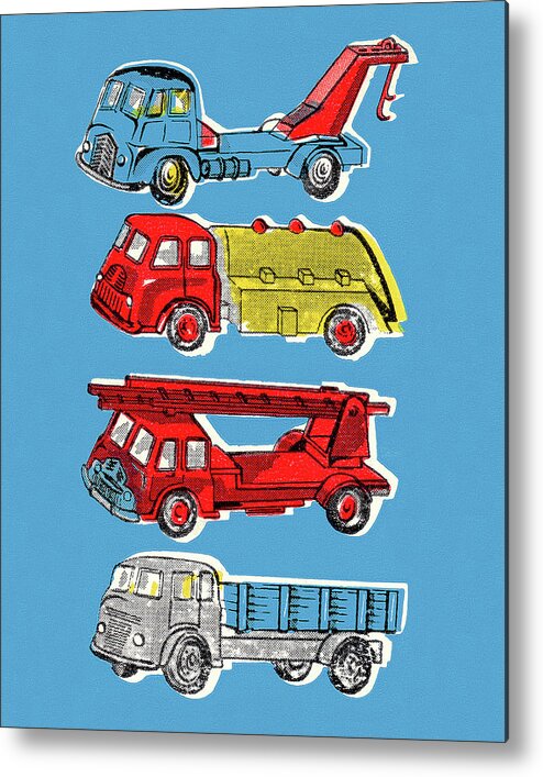 Blue Background Metal Poster featuring the drawing Four Trucks by CSA Images
