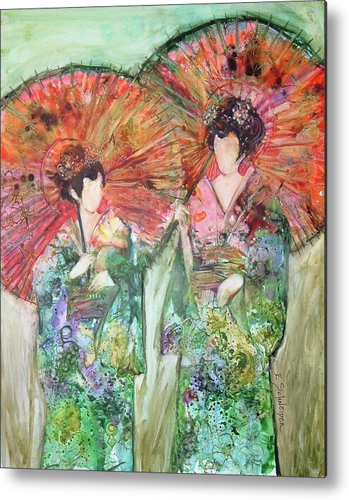 Watercolors On Yupo Metal Print featuring the painting Geishas by Edie Schneider