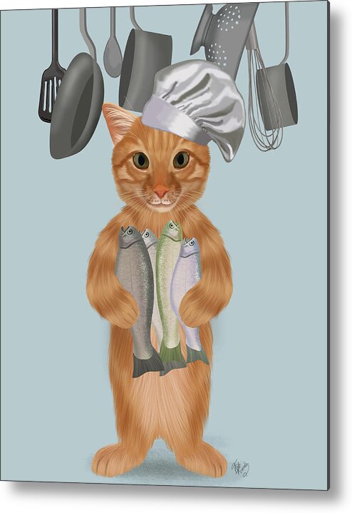 Cartoon Metal Print featuring the painting Ginger Cat Fish Chef, Full by Fab Funky