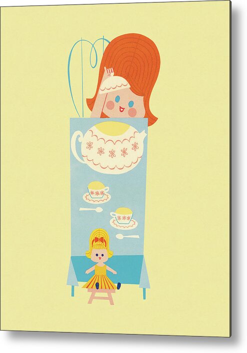 Beverage Metal Print featuring the drawing Girl Having a Tea Party with Her Doll by CSA Images