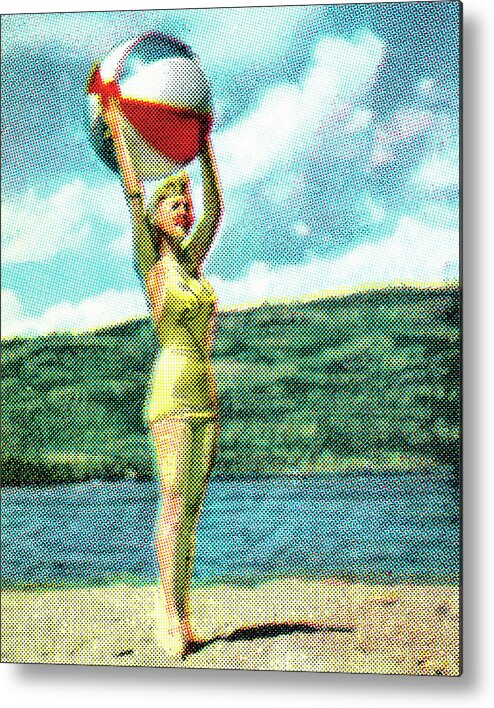 Adult Metal Print featuring the drawing Girl on beach with beach ball by CSA Images