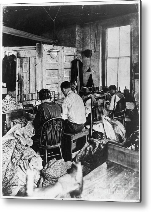 People Metal Print featuring the photograph Group Of People Sitting And Sewing by Bettmann