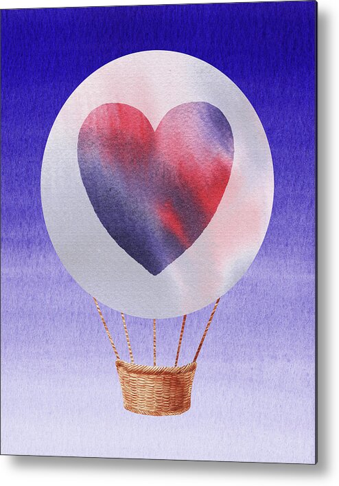 Watercolor Metal Print featuring the painting Happy Heart Hot Air Balloon Watercolor IV by Irina Sztukowski