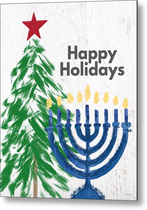 Holidays Metal Print featuring the mixed media Happy Holidays Tree and Menorah- Art by Linda Woods by Linda Woods