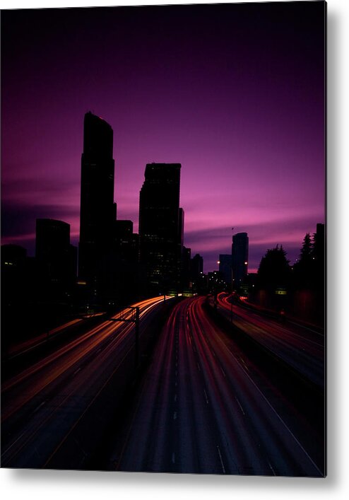 Tranquility Metal Print featuring the photograph Headlight Streaks In City Twilight by Engelhardt.zenfolio.com