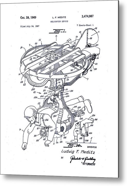 Vintage Patent Drawing Metal Print featuring the digital art Human Helicopter Device by Print Collection