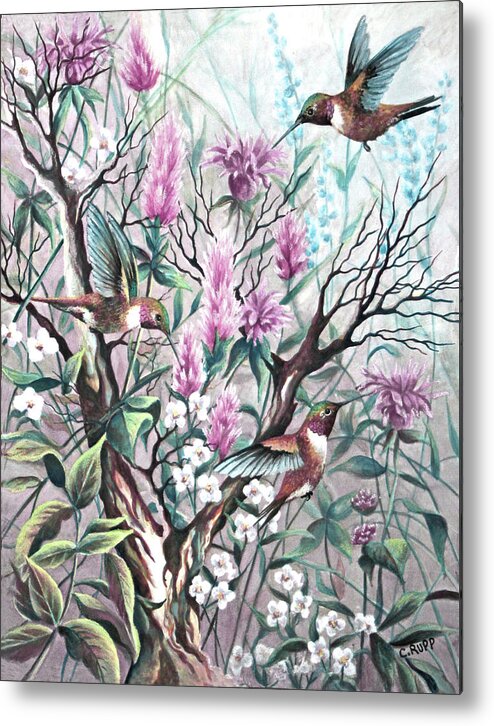 Hummingbird Tapestry Metal Print featuring the painting Hummingbird Tapestry by Carol J Rupp