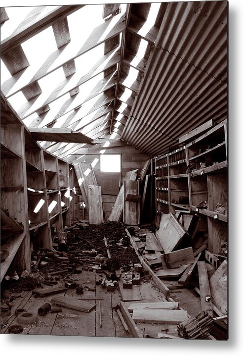 Unique Metal Print featuring the photograph Inside Storage Building Sepia 2 by Roger Snyder