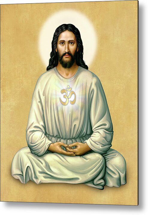Jesus Metal Print featuring the painting Jesus Meditating - The Christ Of India - on Gold with OM by Sacred Visions