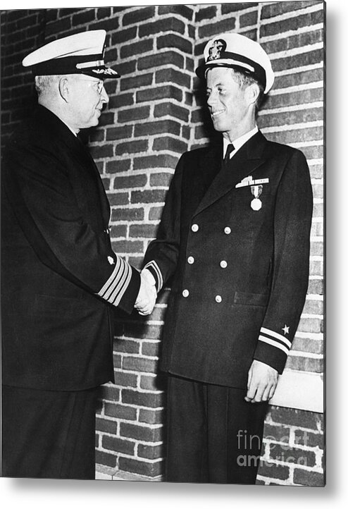 Mature Adult Metal Print featuring the photograph Jfk Shakes Hands With Navy Captain by Bettmann