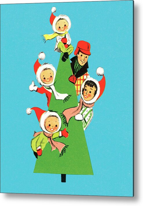 Blue Background Metal Poster featuring the drawing Kids on Christmas tree by CSA Images