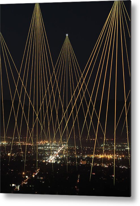 Corporate Business Metal Print featuring the photograph Light Trails Beaming Down On City by Paul Taylor