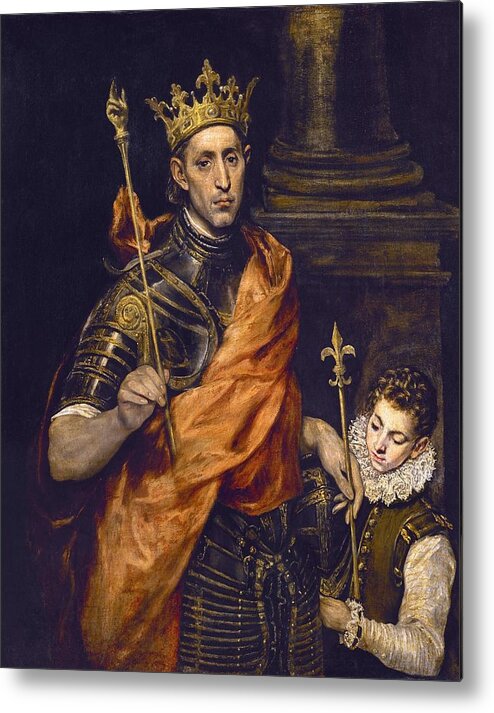 El Greco Metal Print featuring the painting 'Louis IX of France, and a Page', 1585-1590, Oil on canvas, 120 x 96 cm. EL GRECO . by El Greco -1541-1614-