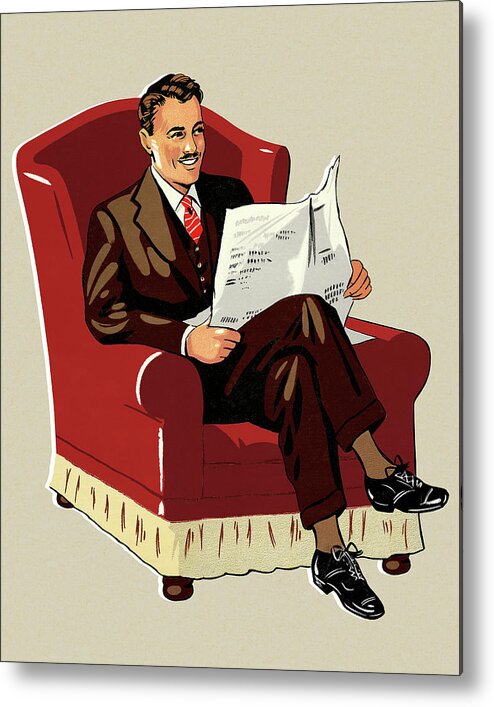 Adult Metal Poster featuring the drawing Man Sitting in a Chair Reading a Newspaper by CSA Images