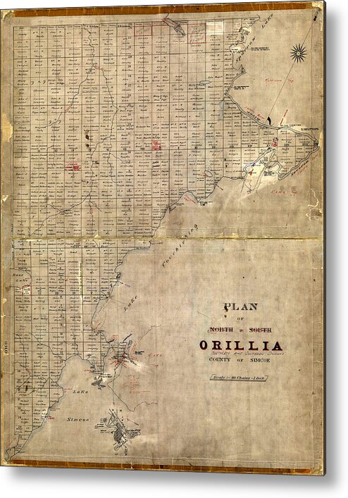 Map Of Orillia Metal Print featuring the photograph Map Of Orillia 1850 by Andrew Fare