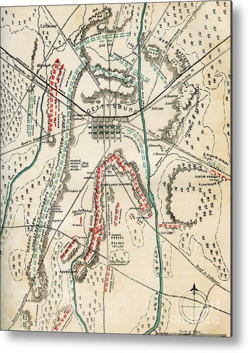 Engraving Metal Print featuring the drawing Map Of The Battle Of Gettysburg by Print Collector