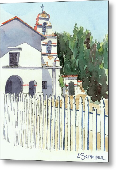 California Missions Metal Print featuring the painting Mission at San Juan Bautista, California by Edie Schneider