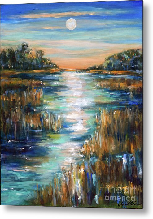 Marsh Metal Print featuring the painting Moon Over Waterway by Linda Olsen