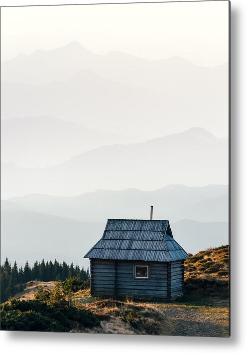 Landscape Metal Print featuring the photograph Mountain Cabin During Sunrise by Ivan Kmit