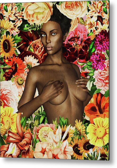African Metal Print featuring the digital art Naked African Woman Surrounded By Flowers by Jan Keteleer