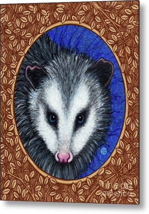 Animal Portrait Metal Print featuring the painting Opossum Portrait - Brown Border by Amy E Fraser