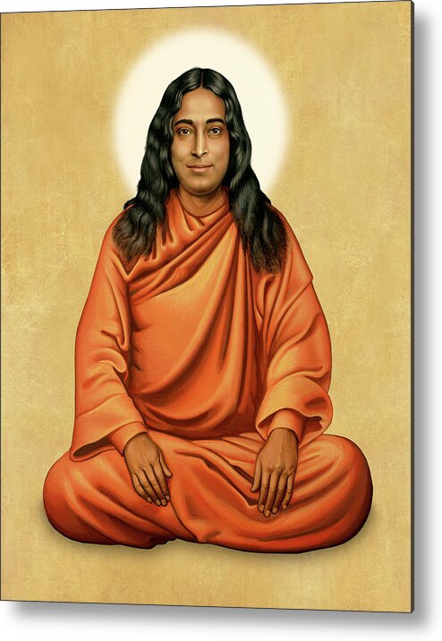 Yoga Metal Print featuring the painting Paramhansa Yogananda on Gold by Sacred Visions