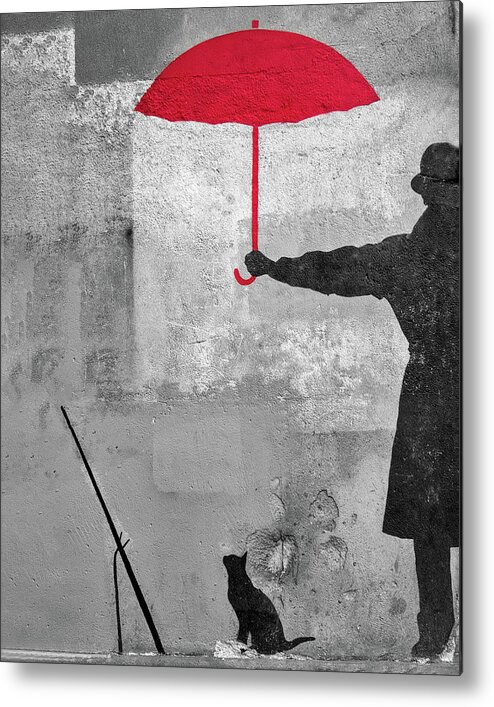 Paris Metal Print featuring the photograph Paris Graffiti Man With Red Umbrella by Gigi Ebert
