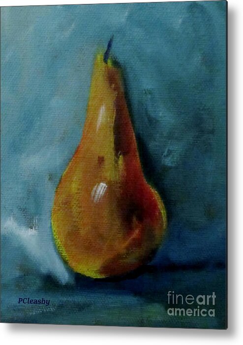 Pear Metal Print featuring the painting Pear on Blue Background by Patricia Cleasby