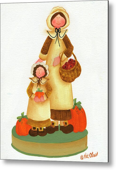 Pilgrims Mom And Daughter With Pumpkins Metal Print featuring the painting Pilgrims Mom And Daughter With Pumpkins by Pat Olson Fine Art And Whimsy