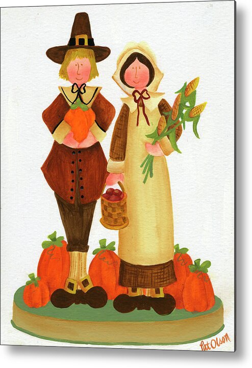 Pilgrims With Pumpkins Metal Print featuring the painting Pilgrims With Pumpkins by Pat Olson Fine Art And Whimsy