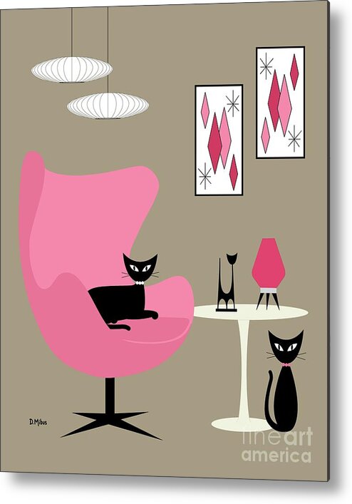 Mid Century Modern Metal Print featuring the digital art Pink Egg Chair with Cats by Donna Mibus