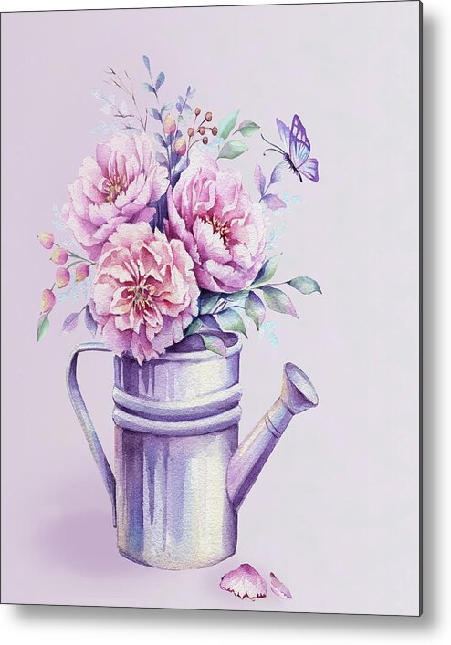 Watercolour Peony Metal Print featuring the painting Pink Peonies Blooming Watercolour by Georgeta Blanaru