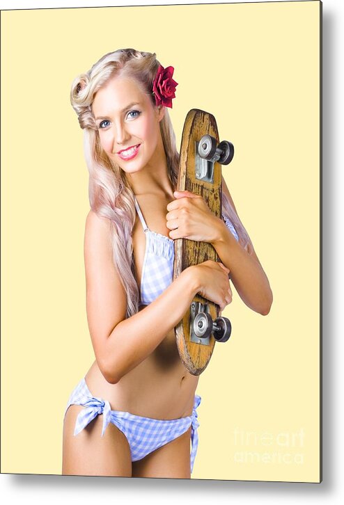 Skate Metal Print featuring the photograph Pinup woman in bikini holding skateboard by Jorgo Photography