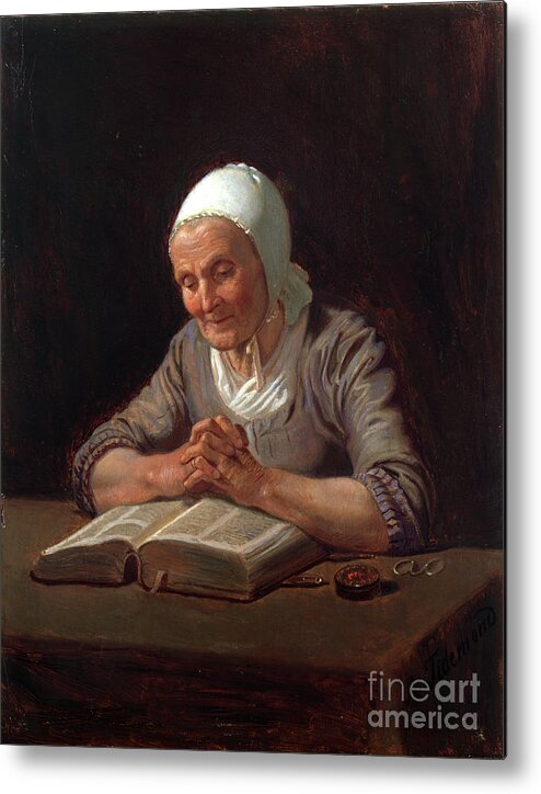 Adolph Tidemand Metal Print featuring the painting Reading old wife by O Vaering by Adolph Tidemand