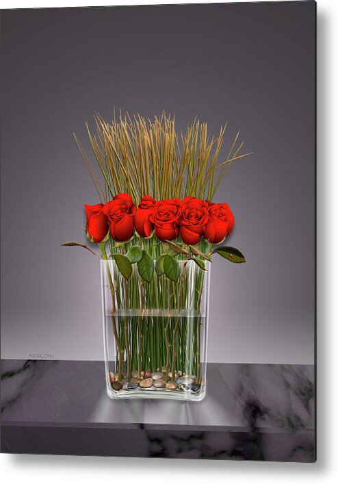 Red Roses Metal Print featuring the painting Red Roses in Vase by David Arrigoni