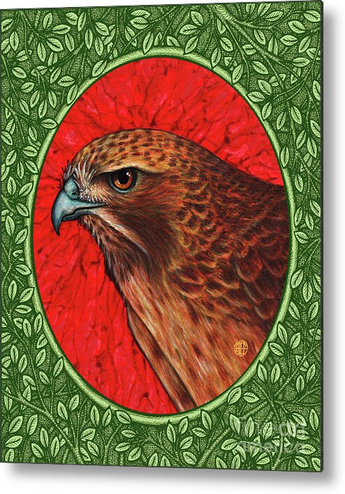 Animal Portrait Metal Print featuring the painting Red Tailed Hawk Portrait - Green Border by Amy E Fraser